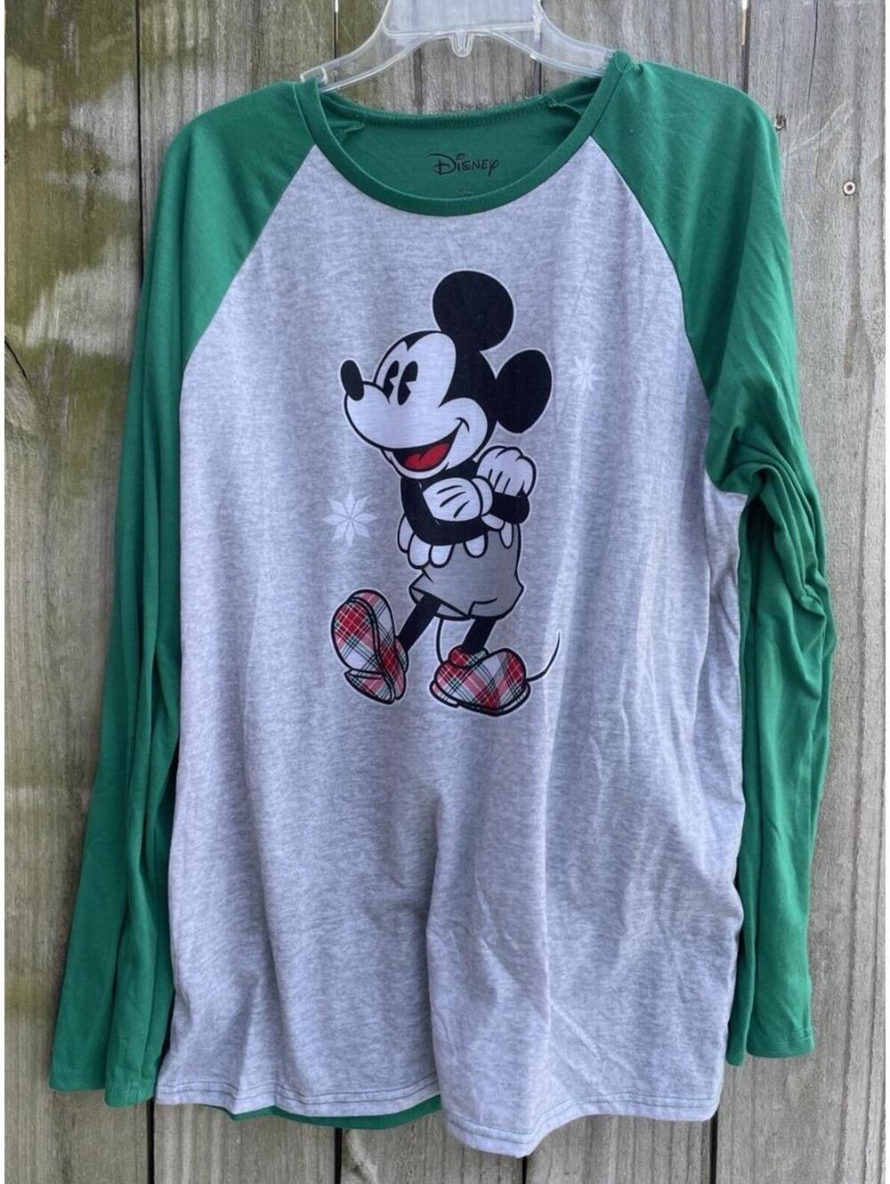Mickey Mouse Grey Green Baseball Jersey 3/4 Sleeve Large